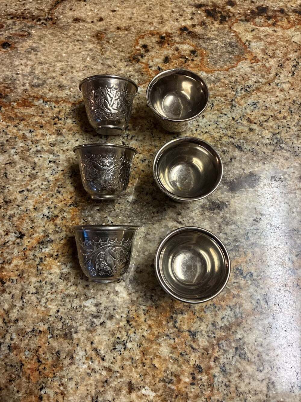 Vintage Ornate Etched Silver Plate Kiddush Shot Cups, Set of 3